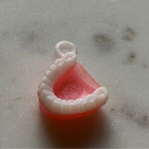 Rare Cracker Jack toy Pink and White Tooth Pendant charm teeth mouth mini